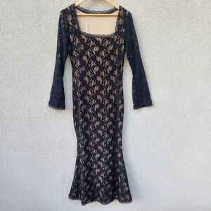 SHEIN Women's Maxi Dress Large Black Lacy Whimsigoth Morticia Goth Floral Lined